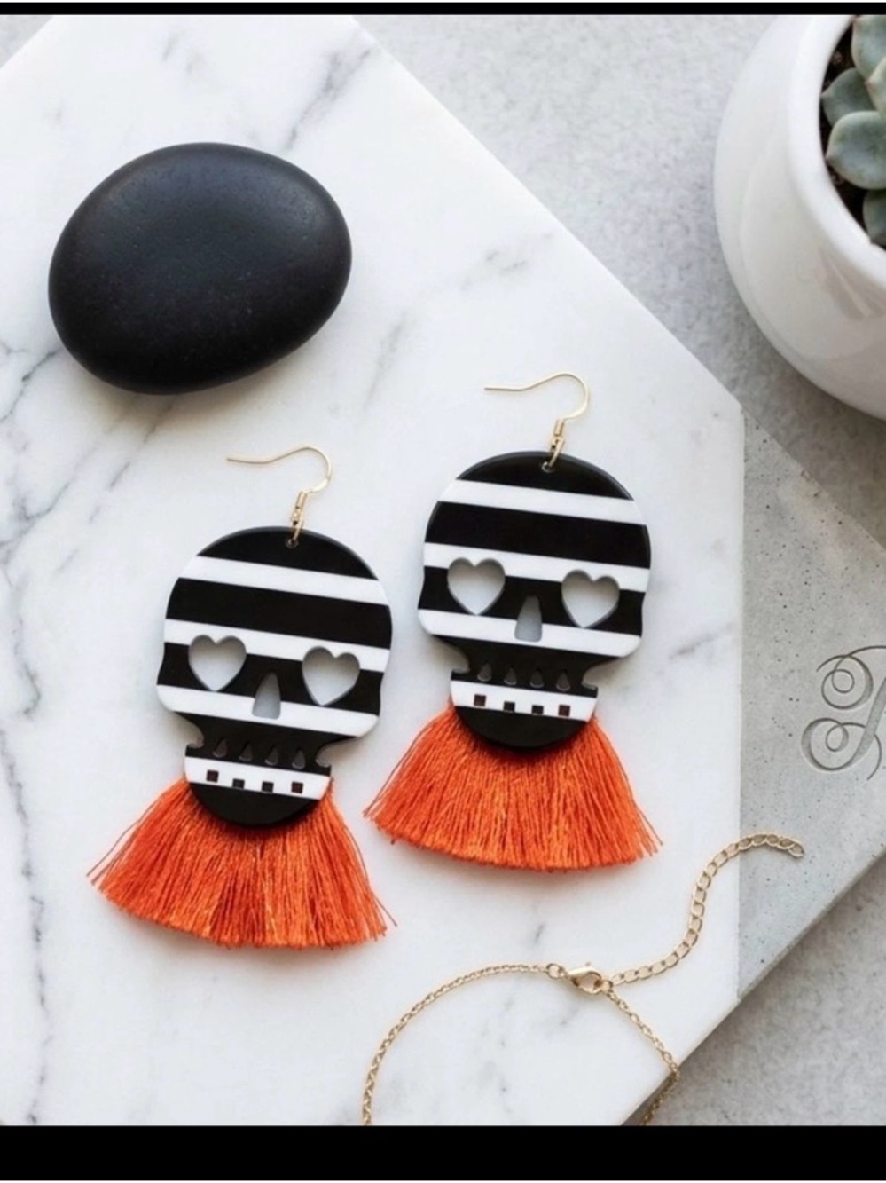 Plunder Design Jewelry Striped Skull Drop Dangle Earrings with Tassels